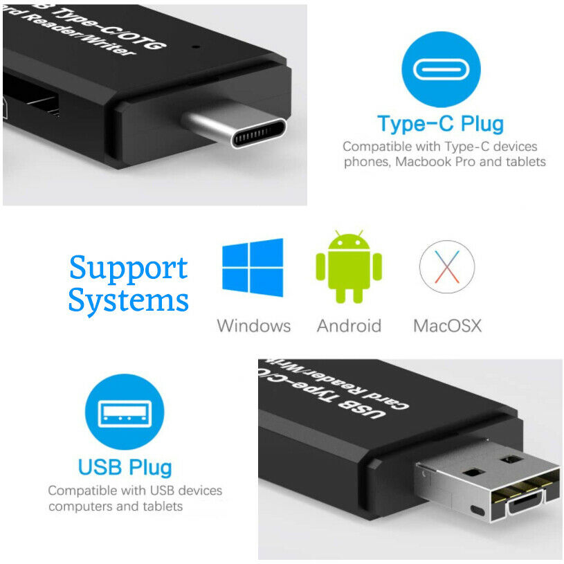 3 in 1 Micro SD Card Reader Adapter to Micro USB Type-C Converter For Phone Tablet