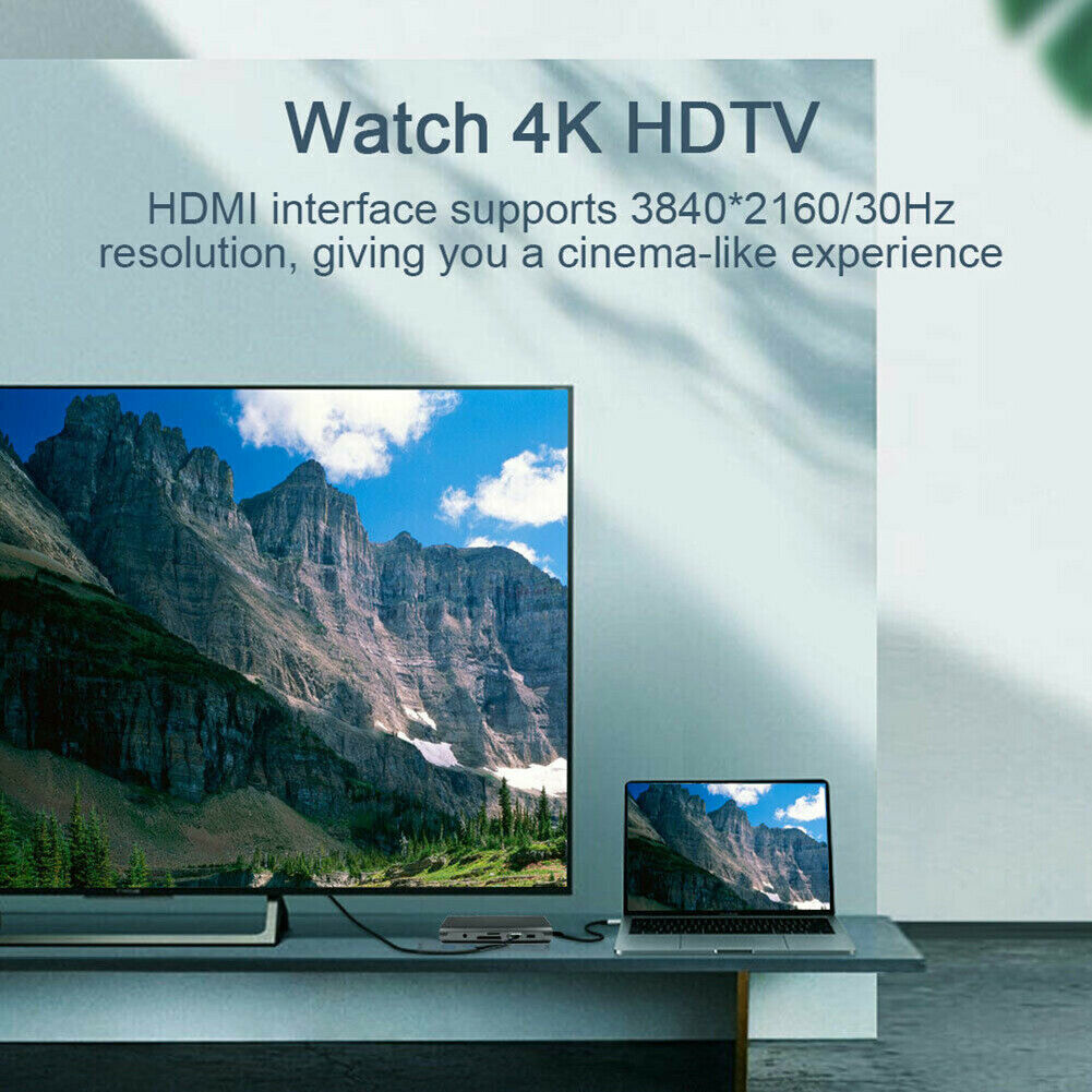 10 in 1 USB Type-C Hub USB3.0 HDMI VGA Audio RJ45 Ethernet SD TF Adapter Laptop