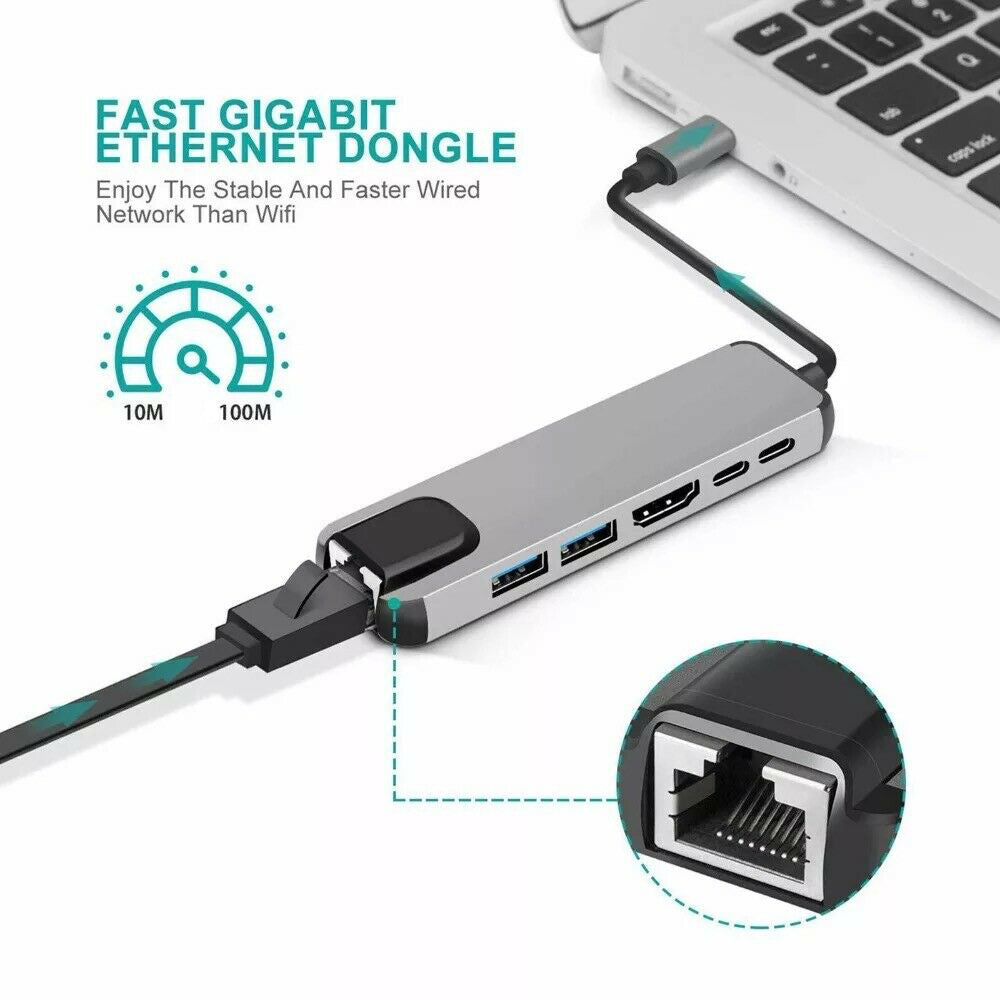 6 in 1 USB Type-C Hub Multi USB 3.0 4K HDMI RJ45 Ethernet Adapter For Laptop