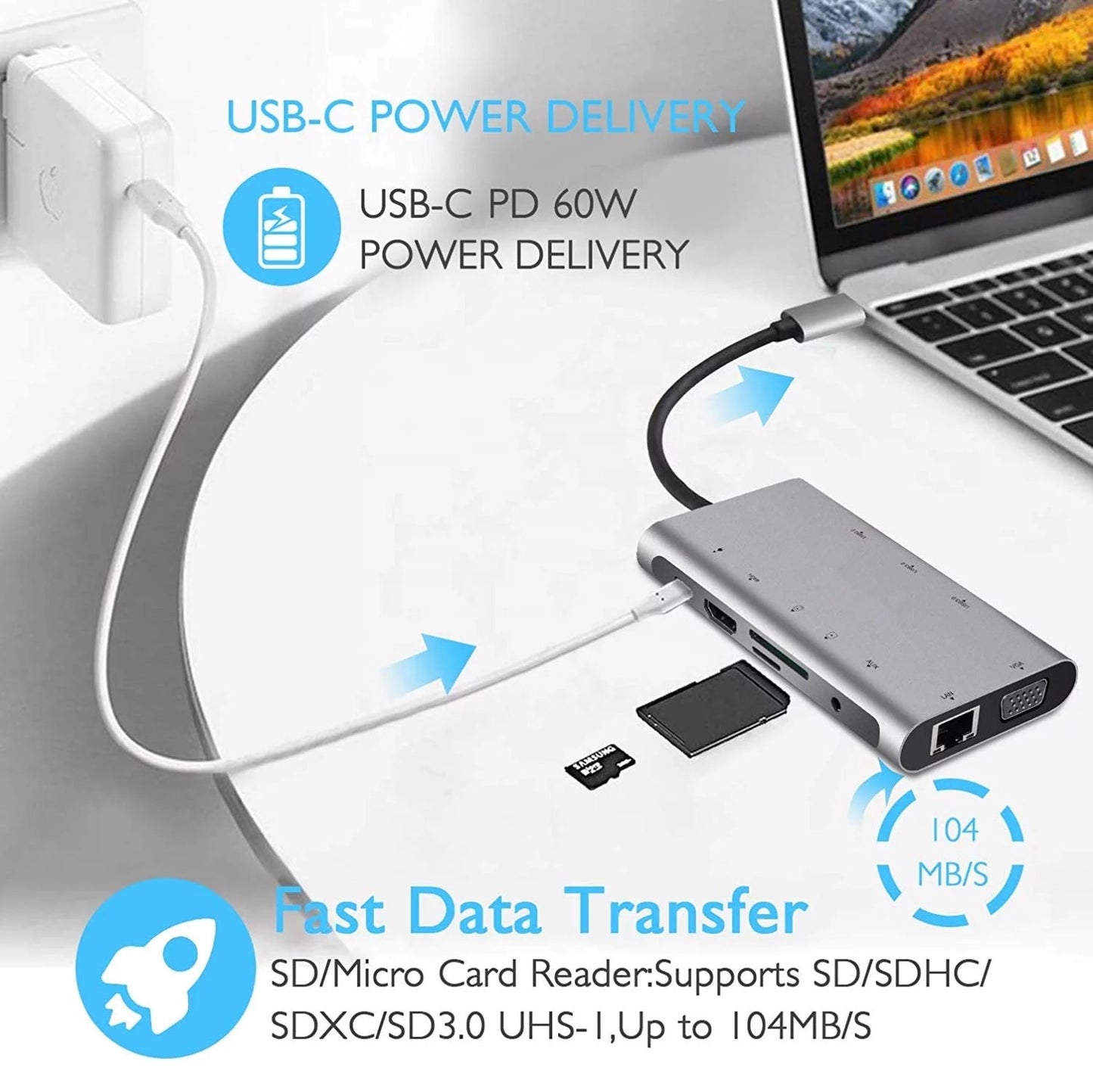 10 in 1 USB Type-C Hub USB3.0 HDMI VGA Audio RJ45 Ethernet SD TF Adapter Laptop