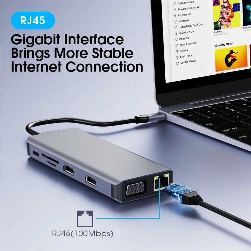 12 in 1 USB Type-C Hub USB3.0 HDMI VGA Audio RJ45 Ethernet SD TF Adapter Laptop