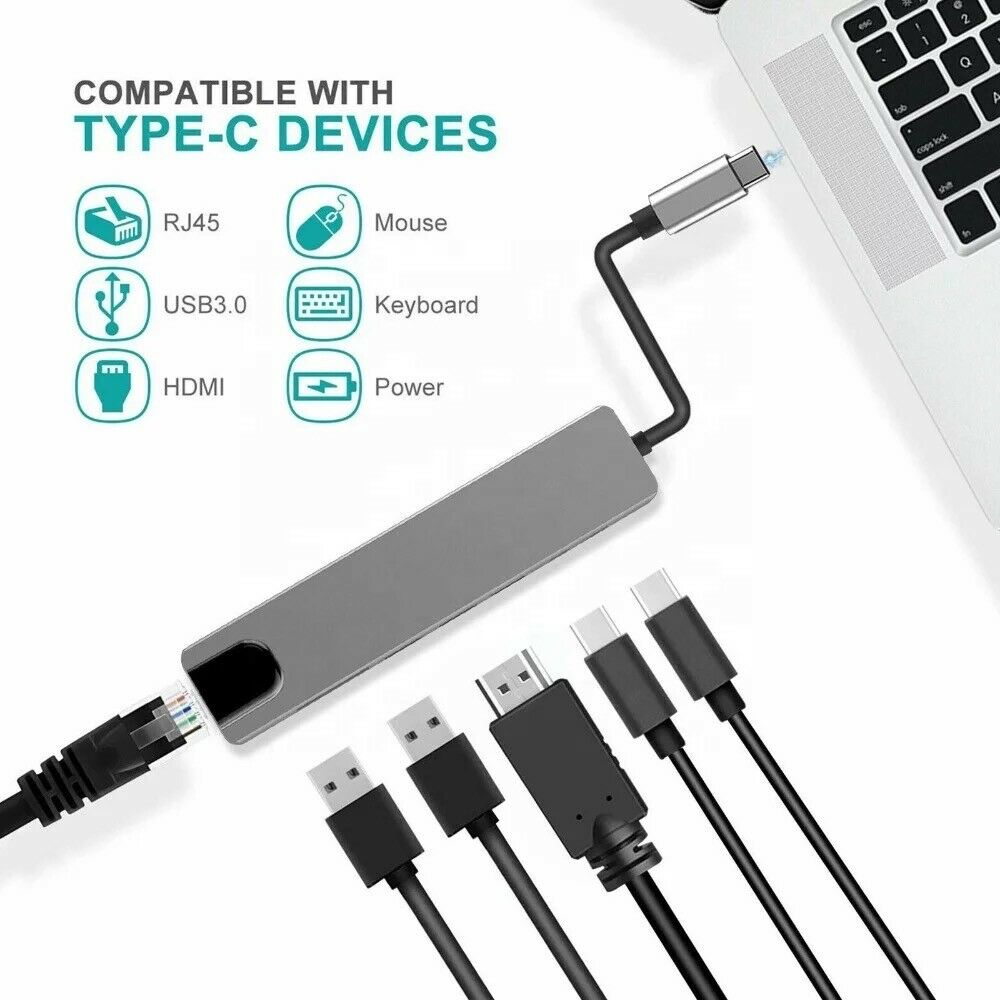 6 in 1 USB Type-C Hub Multi USB 3.0 4K HDMI RJ45 Ethernet Adapter For Laptop