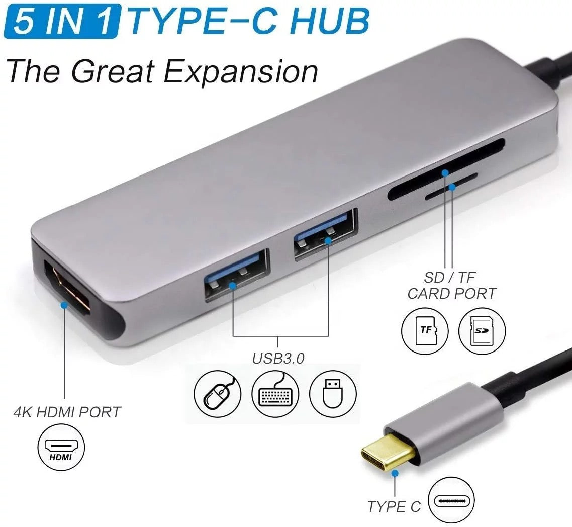 5 in 1 USB Type-C Hub Multi USB3.0 4K HDMI SD TF Adapter For Laptop MacBook Dell