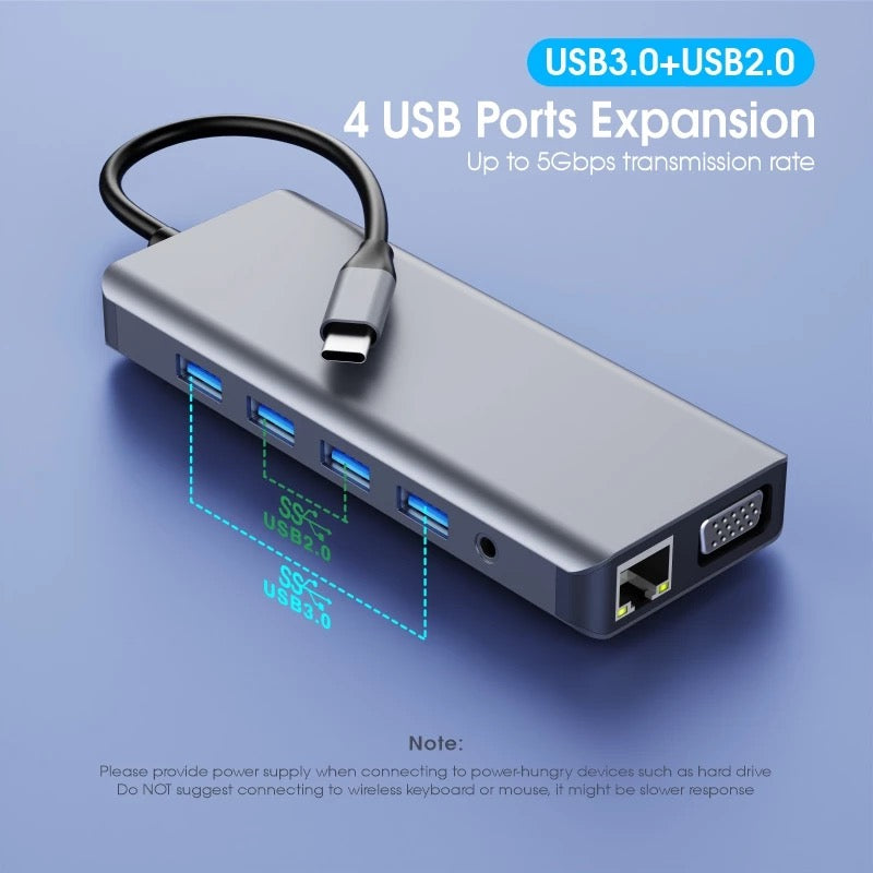 12 in 1 USB Type-C Hub USB3.0 HDMI VGA Audio RJ45 Ethernet SD TF Adapter Laptop