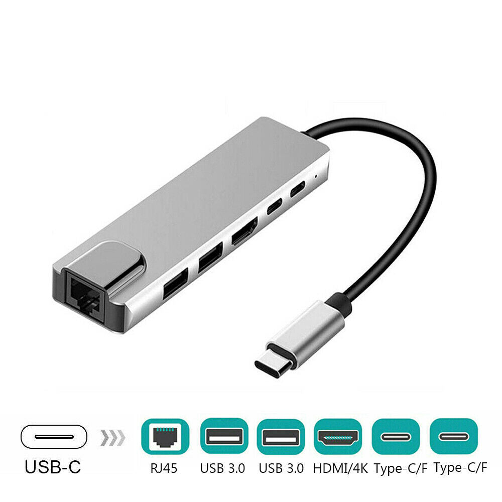 6 in 1 USB Type-C Hub Multi USB 3.0 4K HDMI RJ45 Ethernet Adapter For Laptop
