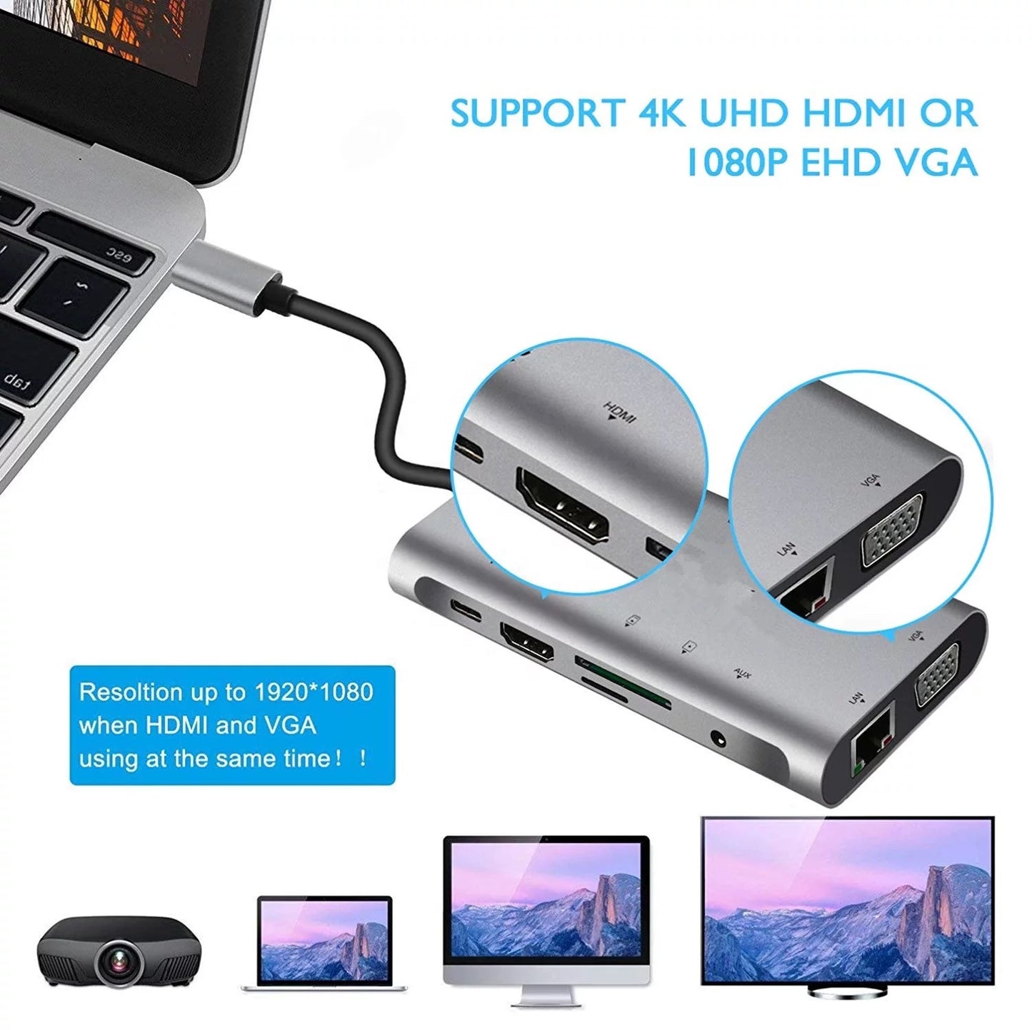 10 in 1 USB Type-C Hub USB3.0 HDMI VGA Audio RJ45 Ethernet SD TF Adapter Laptop