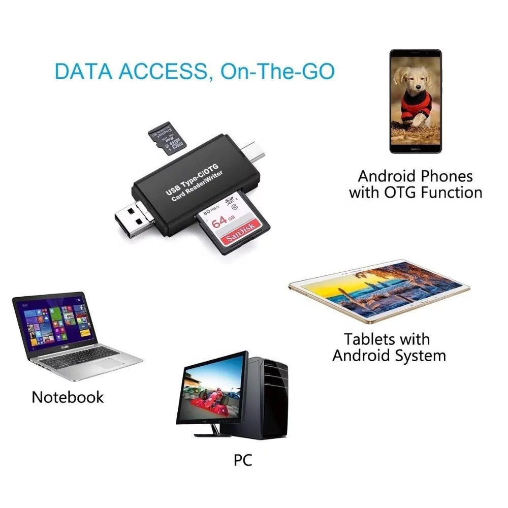 3 in 1 Micro SD Card Reader Adapter to Micro USB Type-C Converter For Phone Tablet