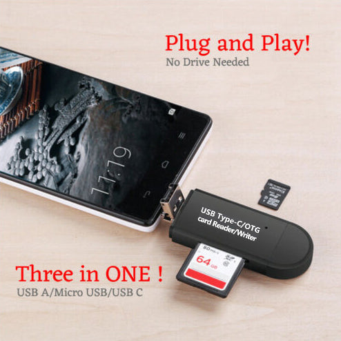 3 in 1 Micro SD Card Reader Adapter to Micro USB Type-C Converter For Phone Tablet