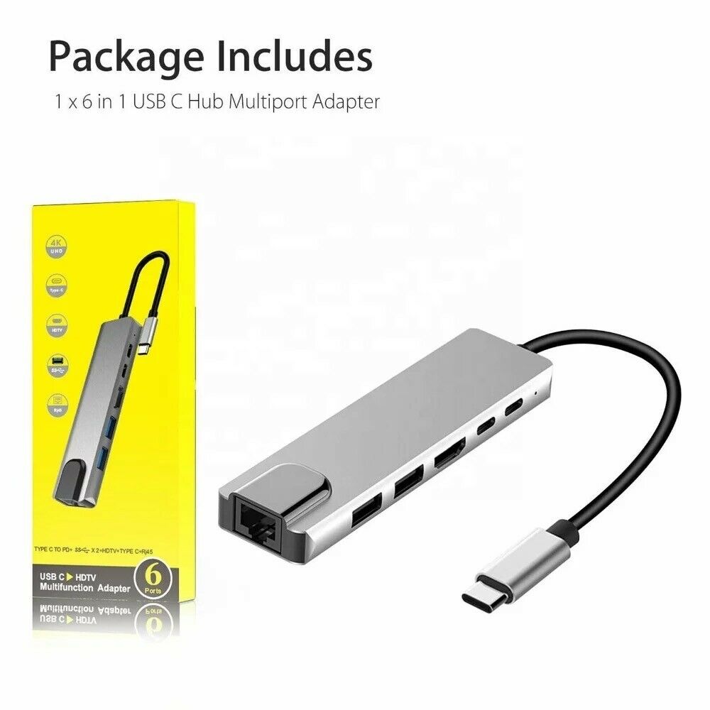 6 in 1 USB Type-C Hub Multi USB 3.0 4K HDMI RJ45 Ethernet Adapter For Laptop