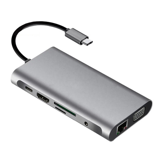 10 in 1 USB Type-C Hub USB3.0 HDMI VGA Audio RJ45 Ethernet SD TF Adapter Laptop
