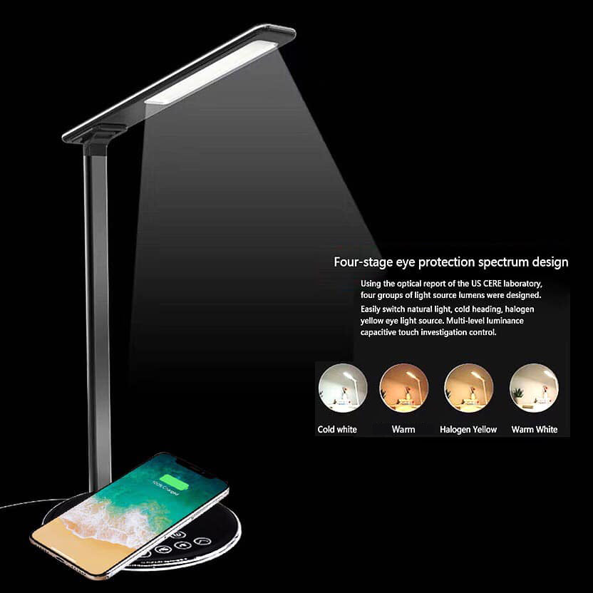 USB Charge LED Lamp Desk Table +10W QI Wireless Phone Charger Home Reading Light