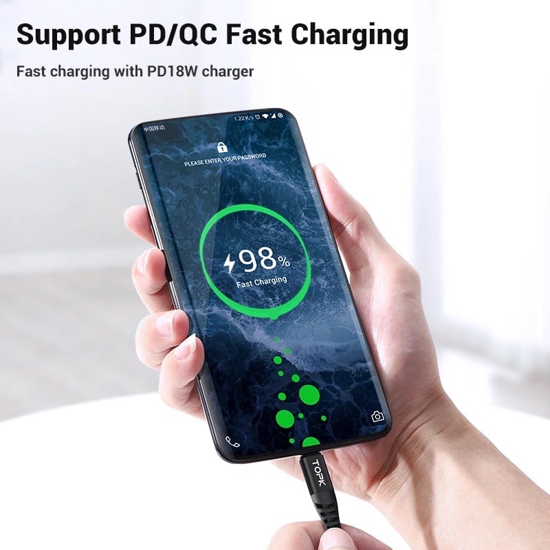 TOPK 3A Fast Charging USB Type-C to Type-C Charger Cable PD18W Gold Plate Nylon