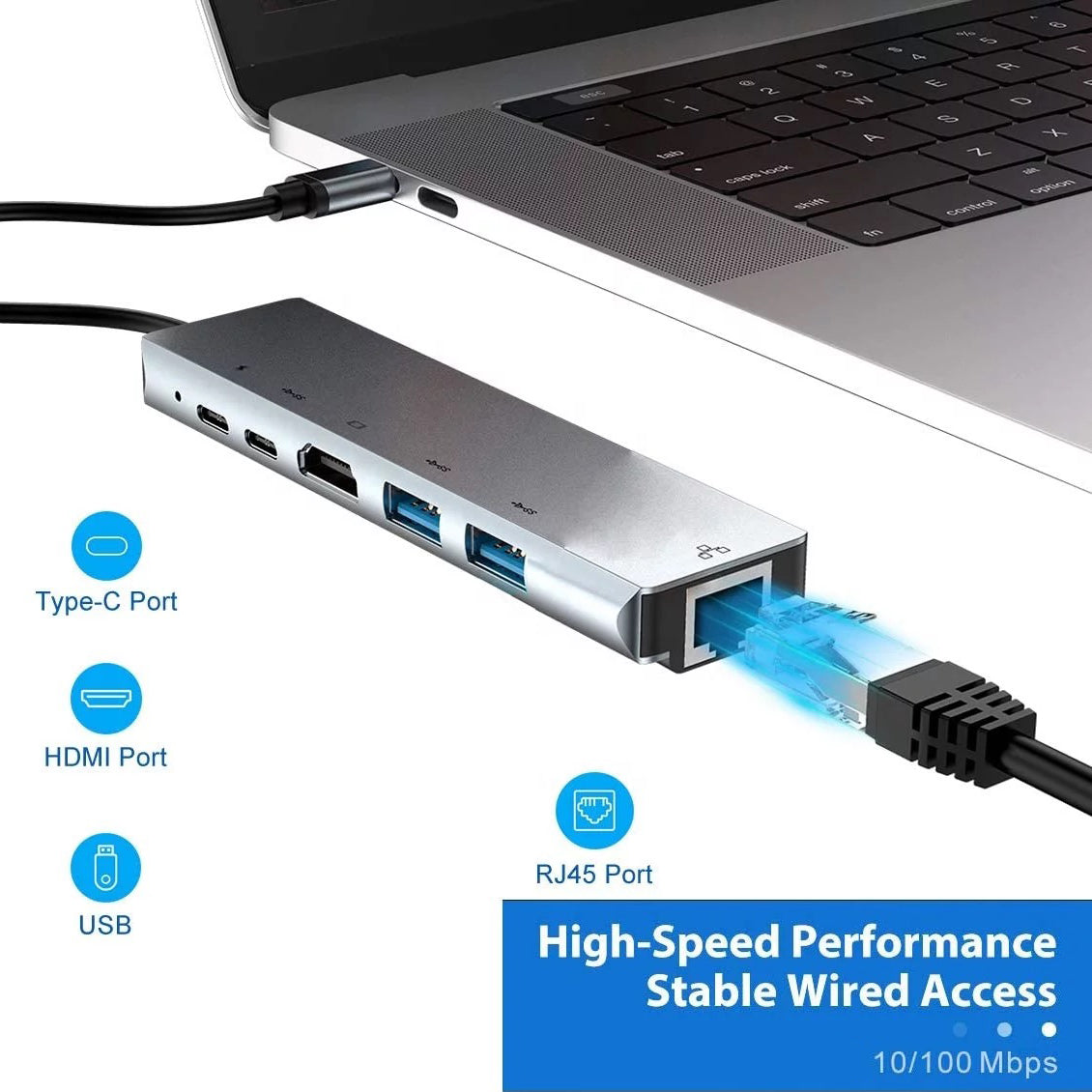 6 in 1 USB Type-C Hub Multi USB 3.0 4K HDMI RJ45 Ethernet Adapter For Laptop