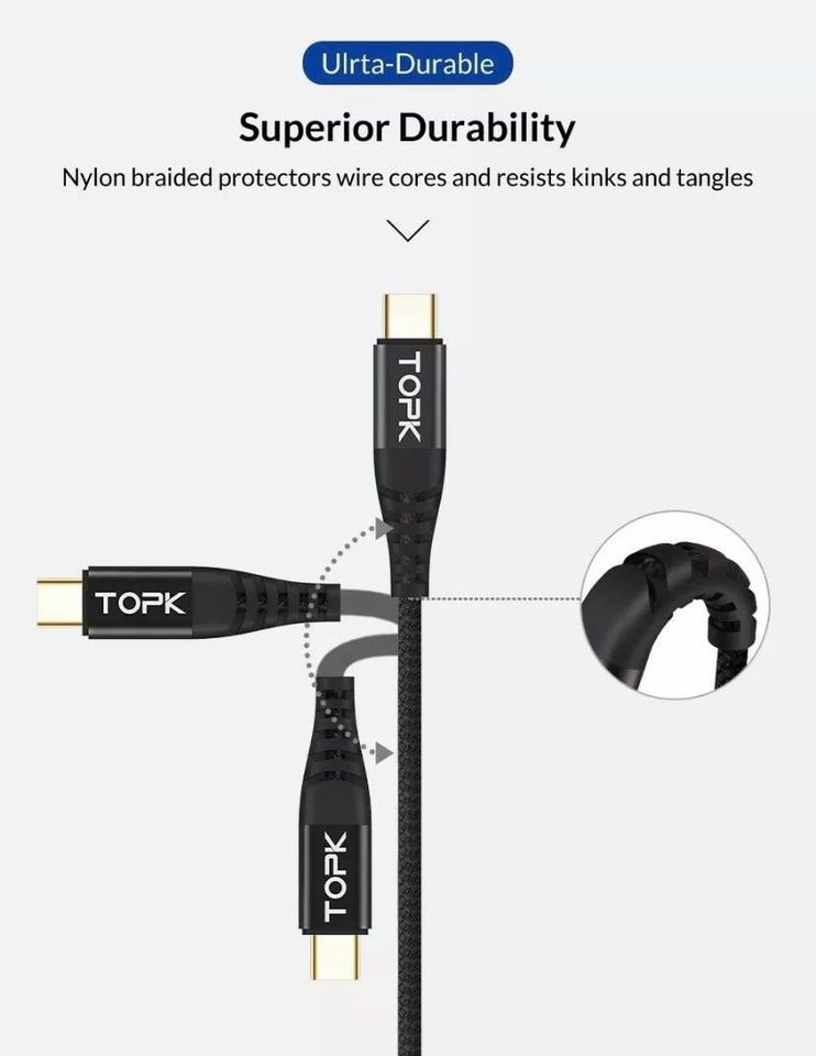 TOPK 3A Fast Charging USB Type-C to Type-C Charger Cable PD18W Gold Plate Nylon