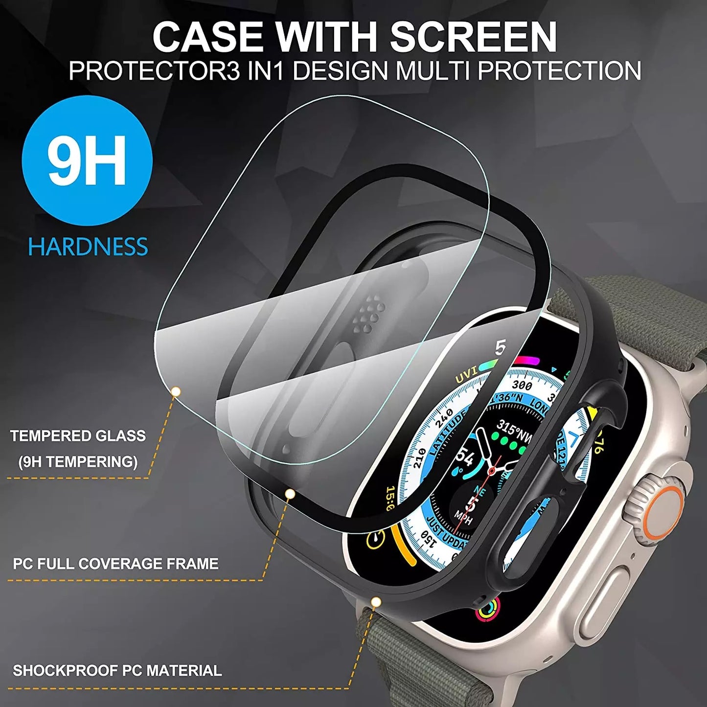 For Apple Watch Series Ultra 2 49MM PC Full Cover Case Tempered Screen Protector
