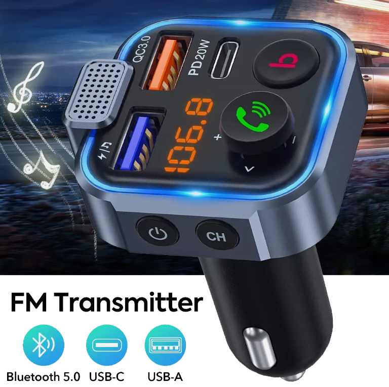 Bluetooth FM Transmitter QC3.0 PD USB-C Car Charger Wireless RGB Backlit Adapter