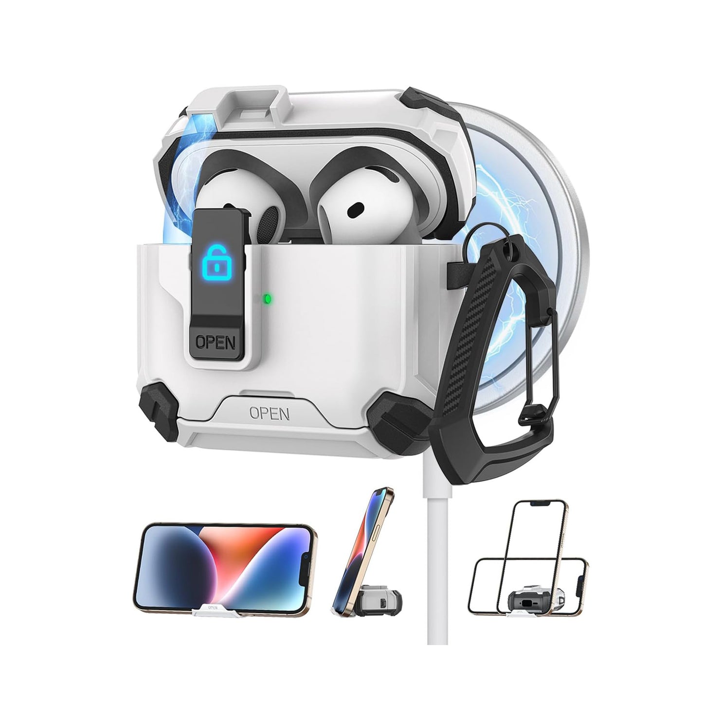 For Airpods 4 Gen (2024) Case with Lock Lid & Stand, Shockproof Protective Cover (White)