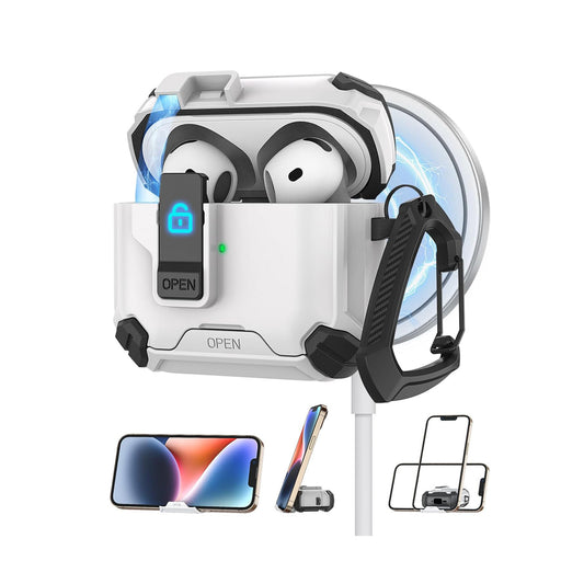 For Airpods 4 Gen (2024) Case with Lock Lid & Stand, Shockproof Protective Cover (White)