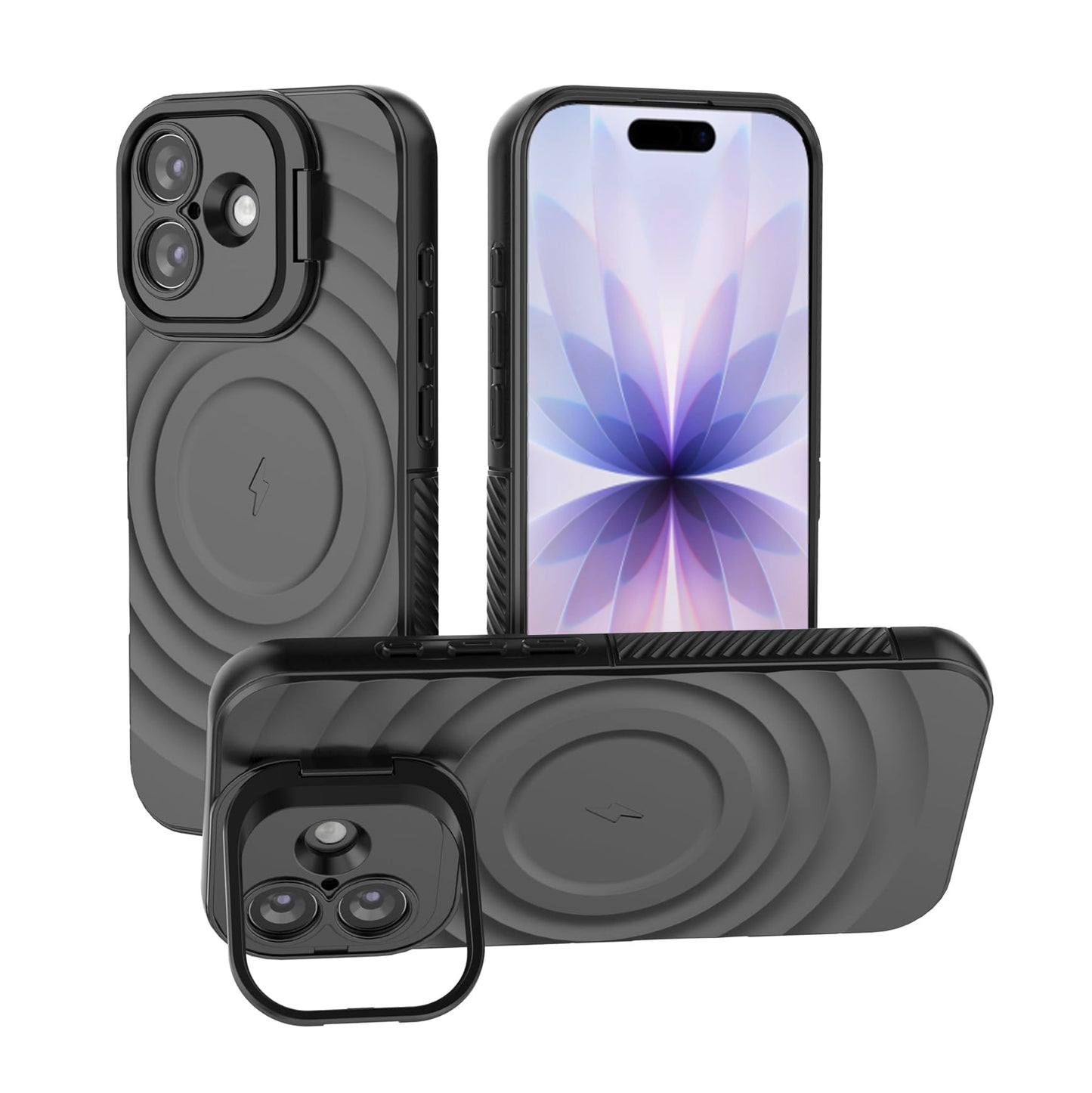 For Apple iPhone 17 Magnetic Magsafe Case Back Camera Holder Ripple Cover (Black)