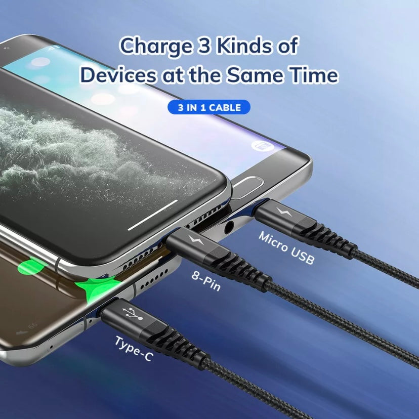 TOPK3-IN-1 3A Fast Charge USB to 8-Pin Micro USB Type C For iPhone iPad Braided