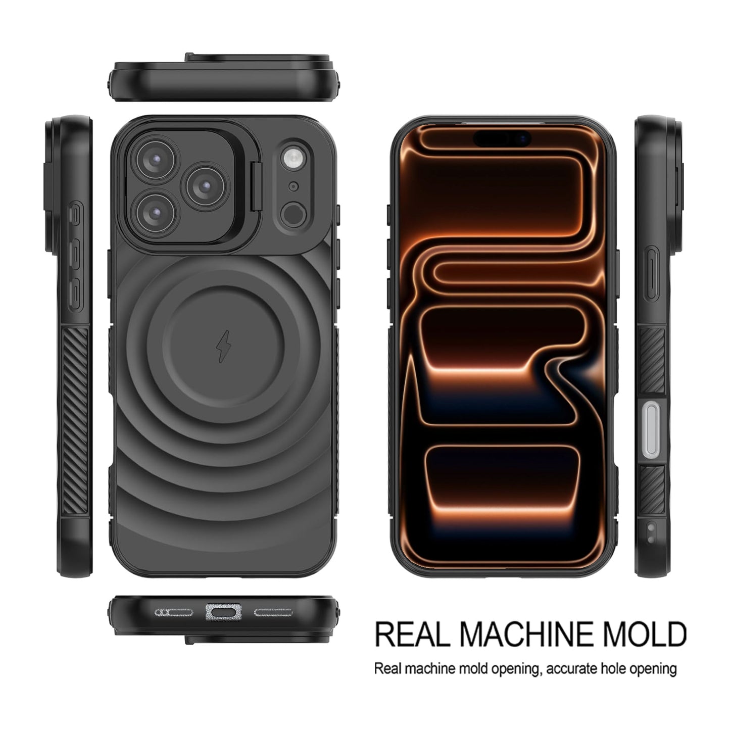 For Apple iPhone 17 Pro Max Magnetic Magsafe Case Back Camera Holder Ripple Cover (Black)