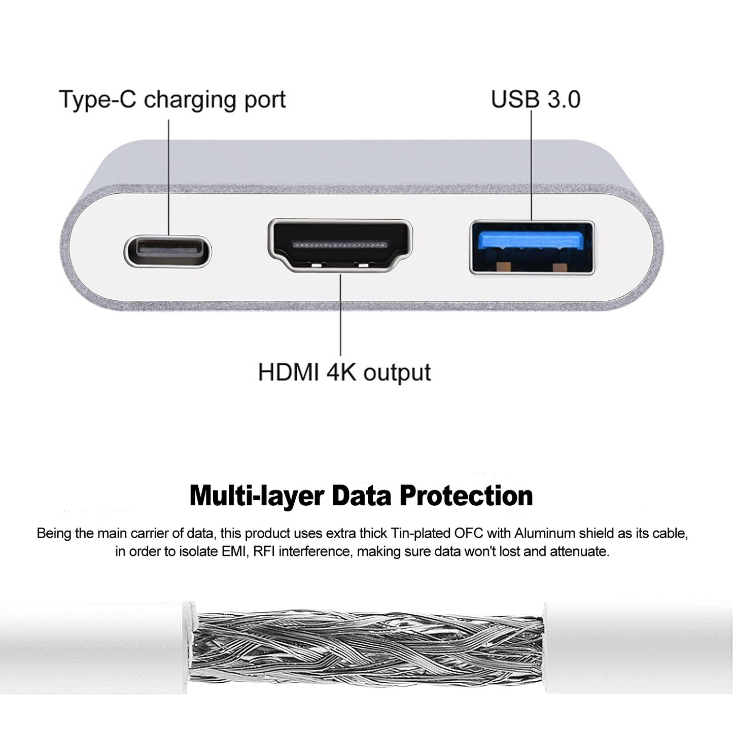 Type C to USB-C HDMI USB 3.0 Adapter Converter Cable 3 in 1 Hub For MacBook Pro