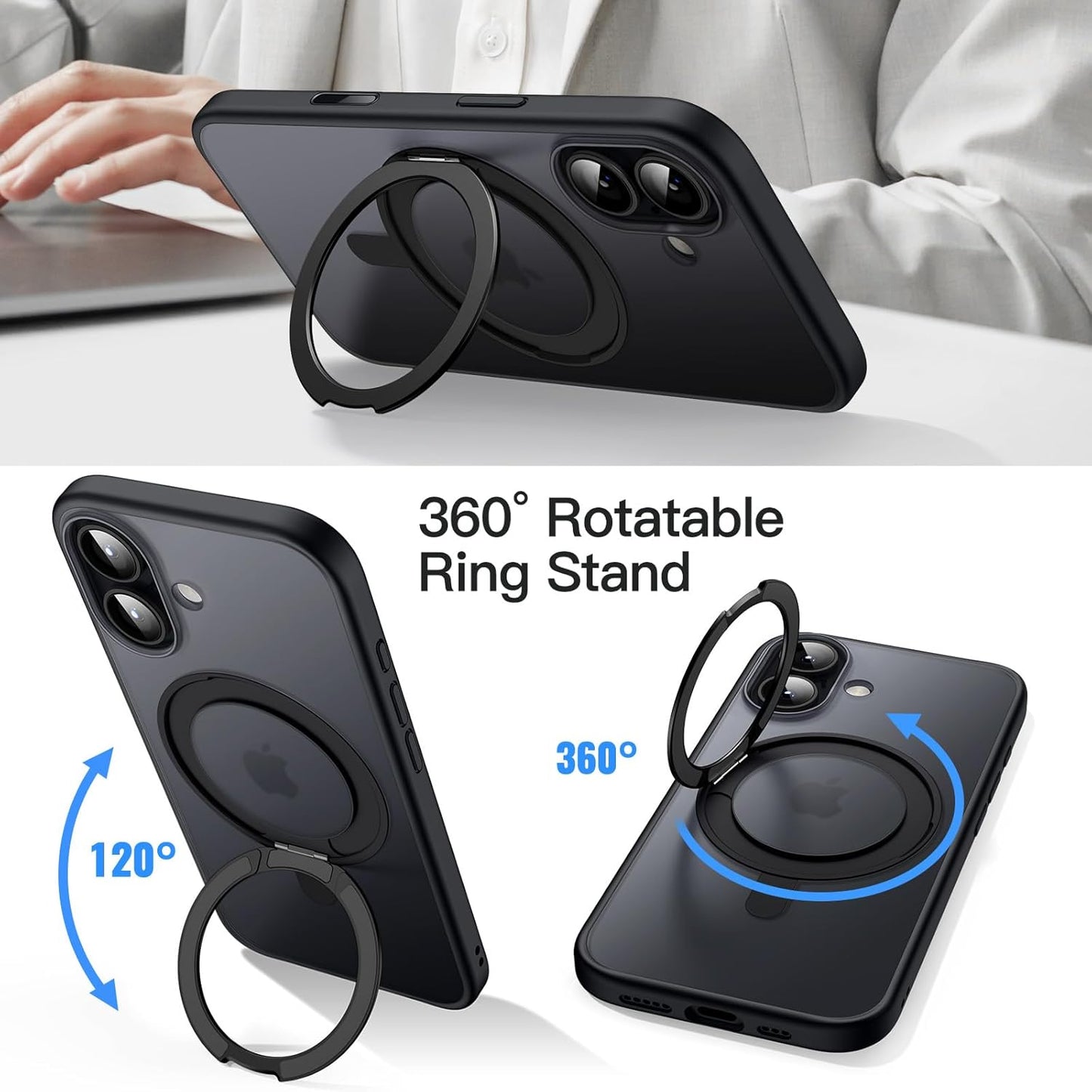 For iPhone 17 (6.3") Magnetic MagSafe Shockproof Case Ring Stand Black Cover