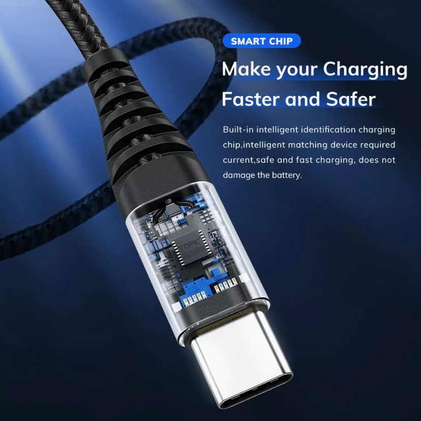 TOPK3-IN-1 3A Fast Charge USB to 8-Pin Micro USB Type C For iPhone iPad Braided