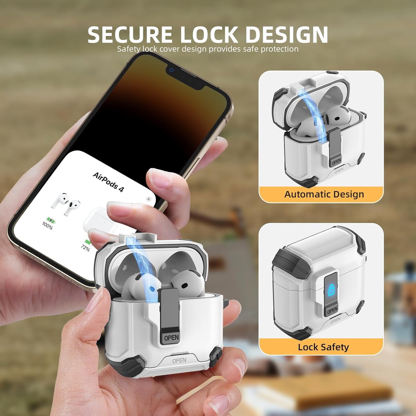 For Airpods 4 Gen (2024) Case with Lock Lid & Stand, Shockproof Protective Cover (White)