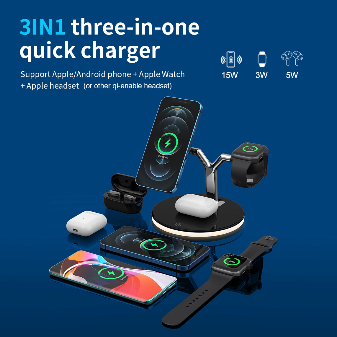 Wireless Charger 15W Fast Charger Station Lamp For Apple Watch iPhone AirPods