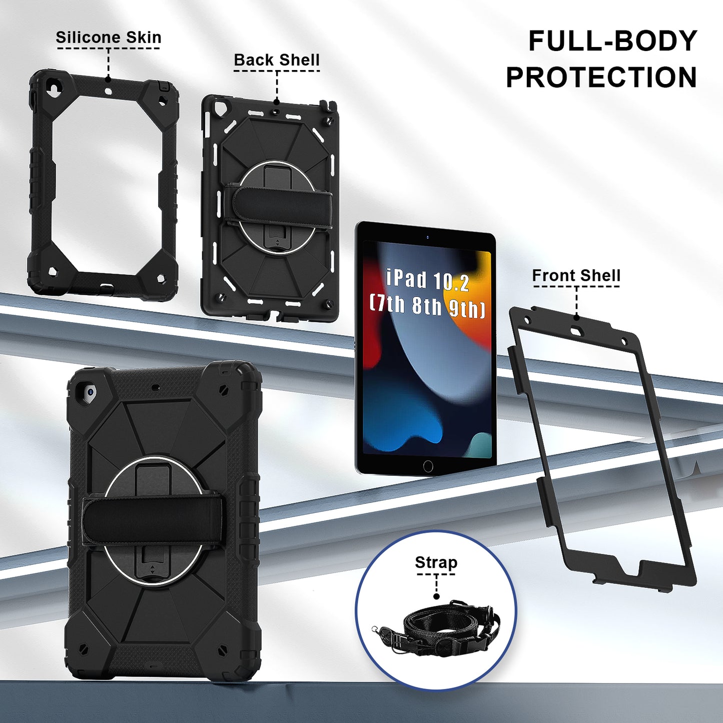 Rugged Stand Hard Case Shockproof Cover Strap For iPad 7/8/9 gen 10.2" (2019/2020/2021)
