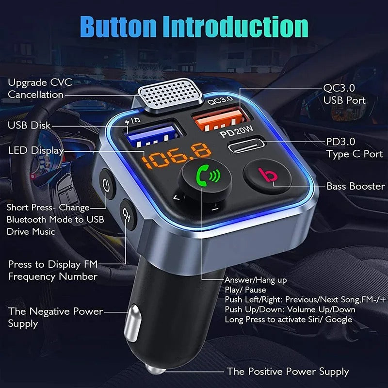 Bluetooth FM Transmitter QC3.0 PD USB-C Car Charger Wireless RGB Backlit Adapter