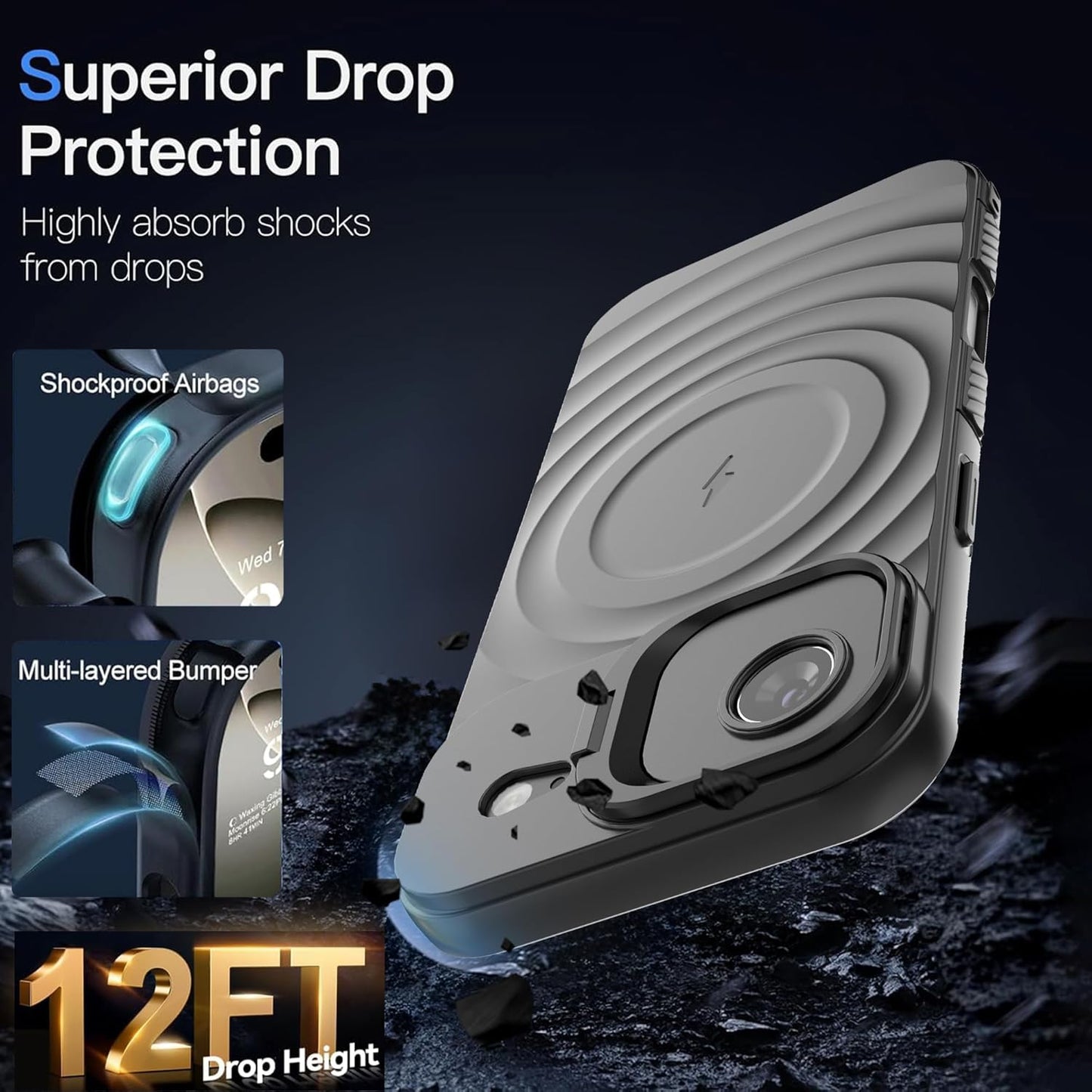 For Apple iPhone 17 Air Magnetic Magsafe Case Back Camera Holder Ripple Cover (Black)