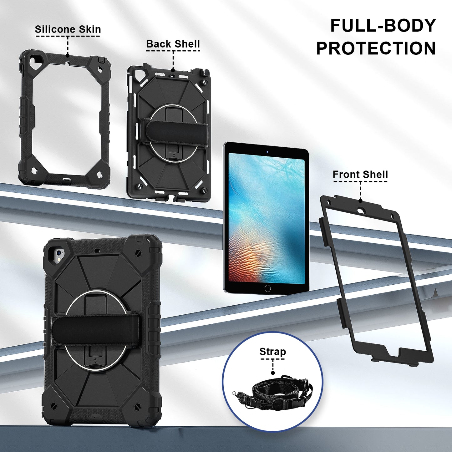 Rugged Stand Hard Case Shockproof Cover Strap For iPad 5th (2017) / 6th (2018)