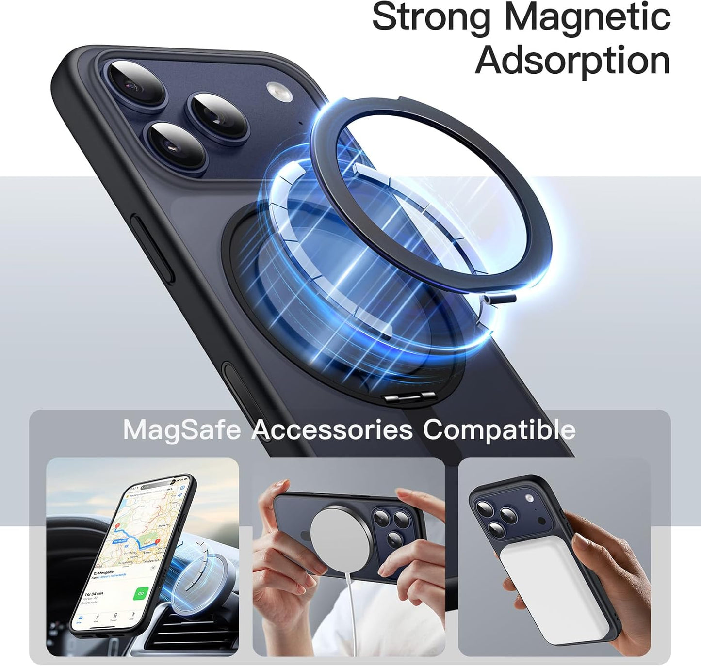 For iPhone 17 Pro (6.3") Magnetic MagSafe Shockproof Case Ring Stand Black Cover