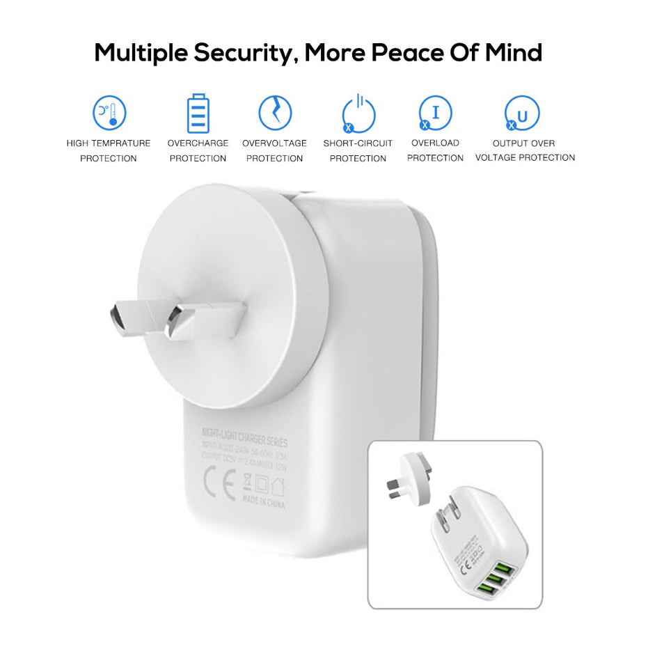 TOPK Wall Charger Travel Adapter AU Plug 3.4A 3 USB With LED Touch Night Light