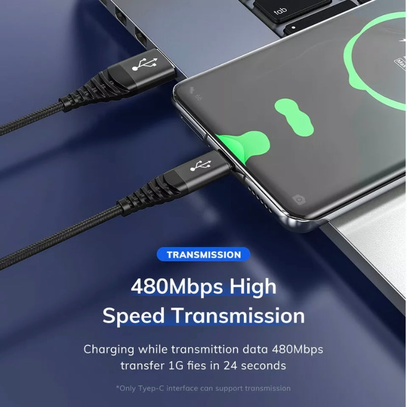 TOPK3-IN-1 3A Fast Charge USB to 8-Pin Micro USB Type C For iPhone iPad Braided