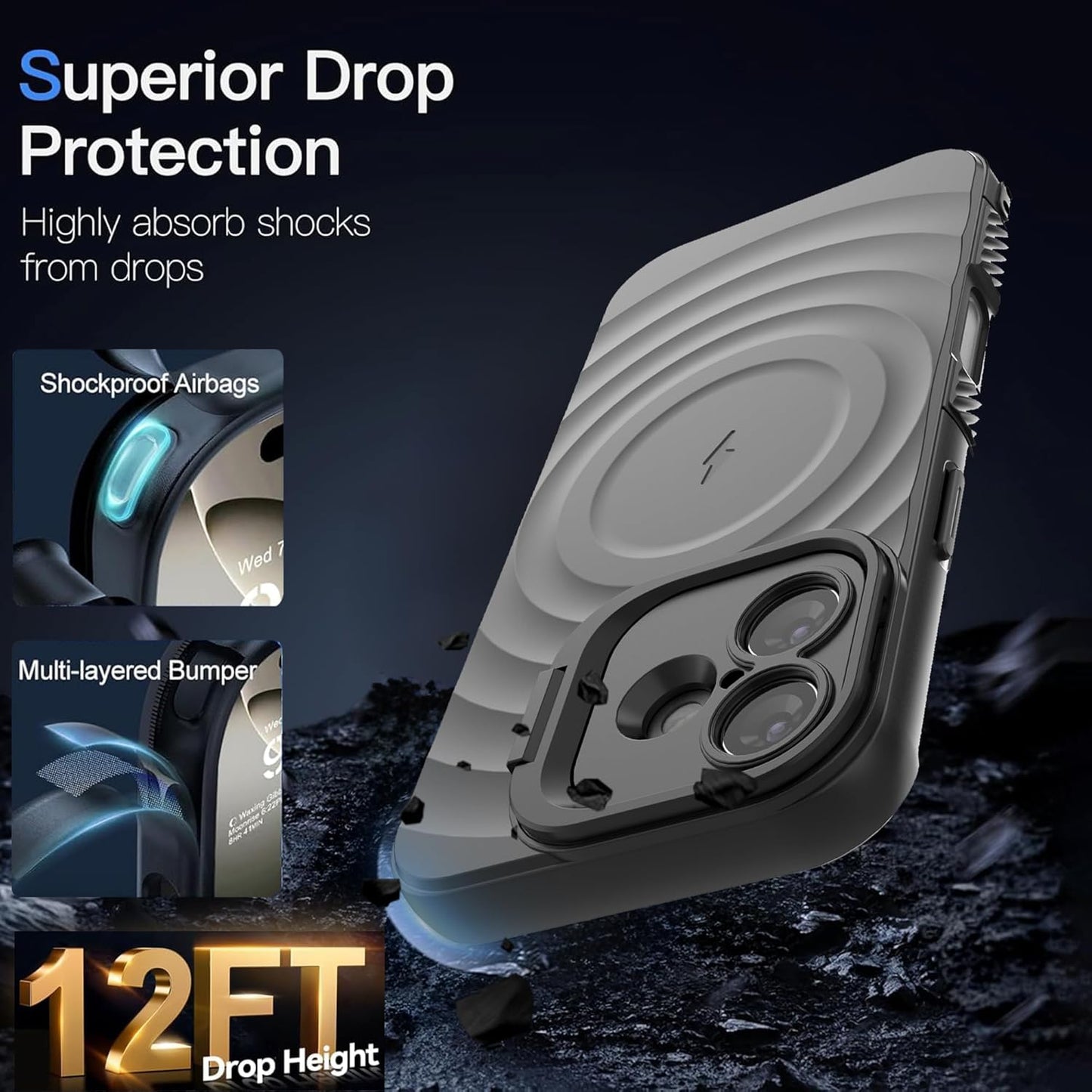 For Apple iPhone 17 Magnetic Magsafe Case Back Camera Holder Ripple Cover (Black)