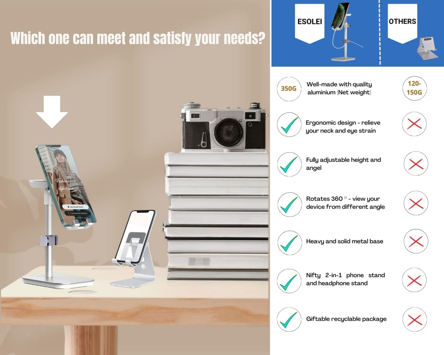 Aluminium Headset Stand 2-in-1 Phone/Tablet/Headphone Stand Desktop Mount Holder