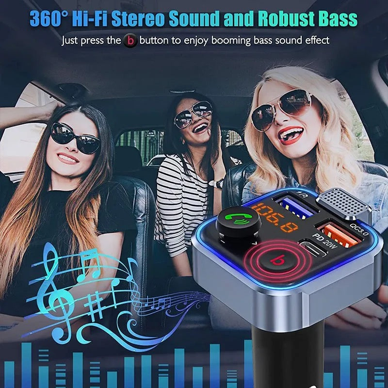 Bluetooth FM Transmitter QC3.0 PD USB-C Car Charger Wireless RGB Backlit Adapter