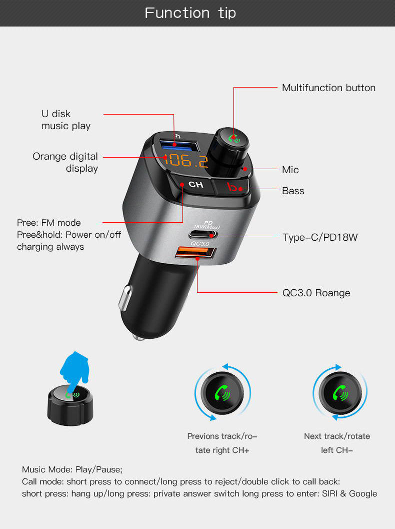 FM Transmitter Wireless Bluetooth MP3 Player QC3.0 PD18W USB Car Charger