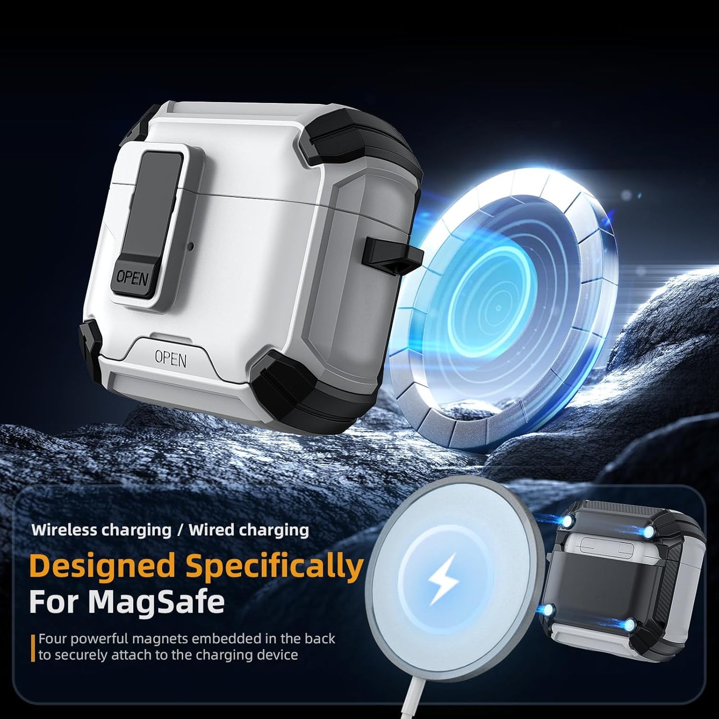 For Airpods 4 Gen (2024) Case with Lock Lid & Stand, Shockproof Protective Cover (White)