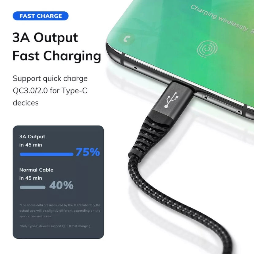 TOPK3-IN-1 3A Fast Charge USB to 8-Pin Micro USB Type C For iPhone iPad Braided