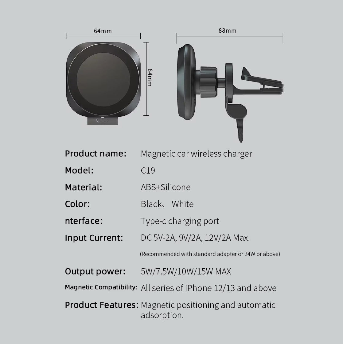 15W Car Mount Wireless Charger Magnetic MagSafe