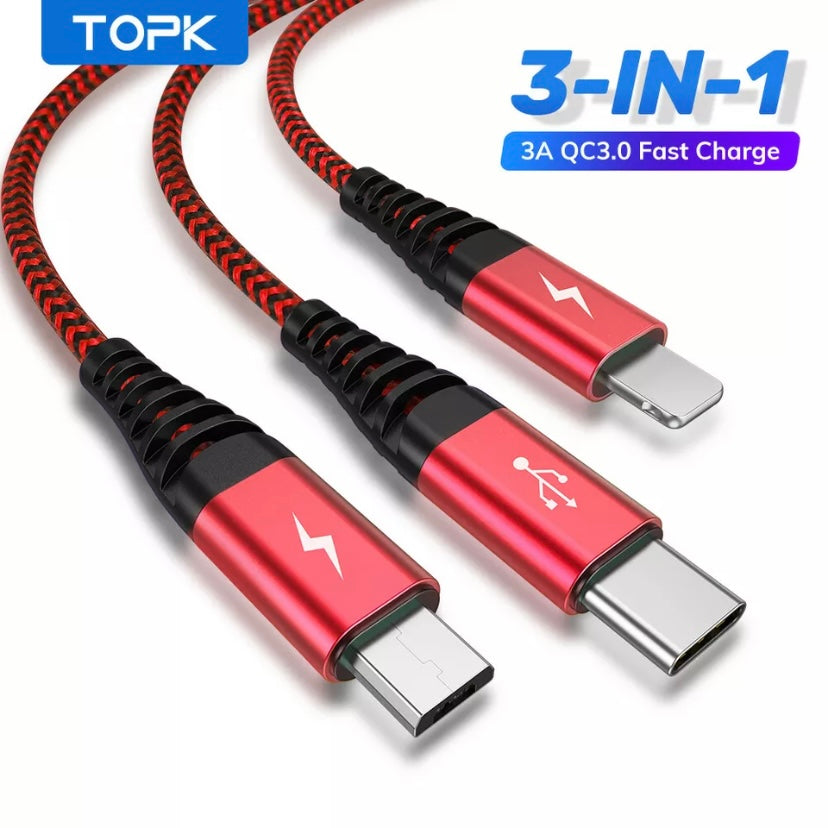 TOPK3-IN-1 3A Fast Charge USB to 8-Pin Micro USB Type C For iPhone iPad Braided