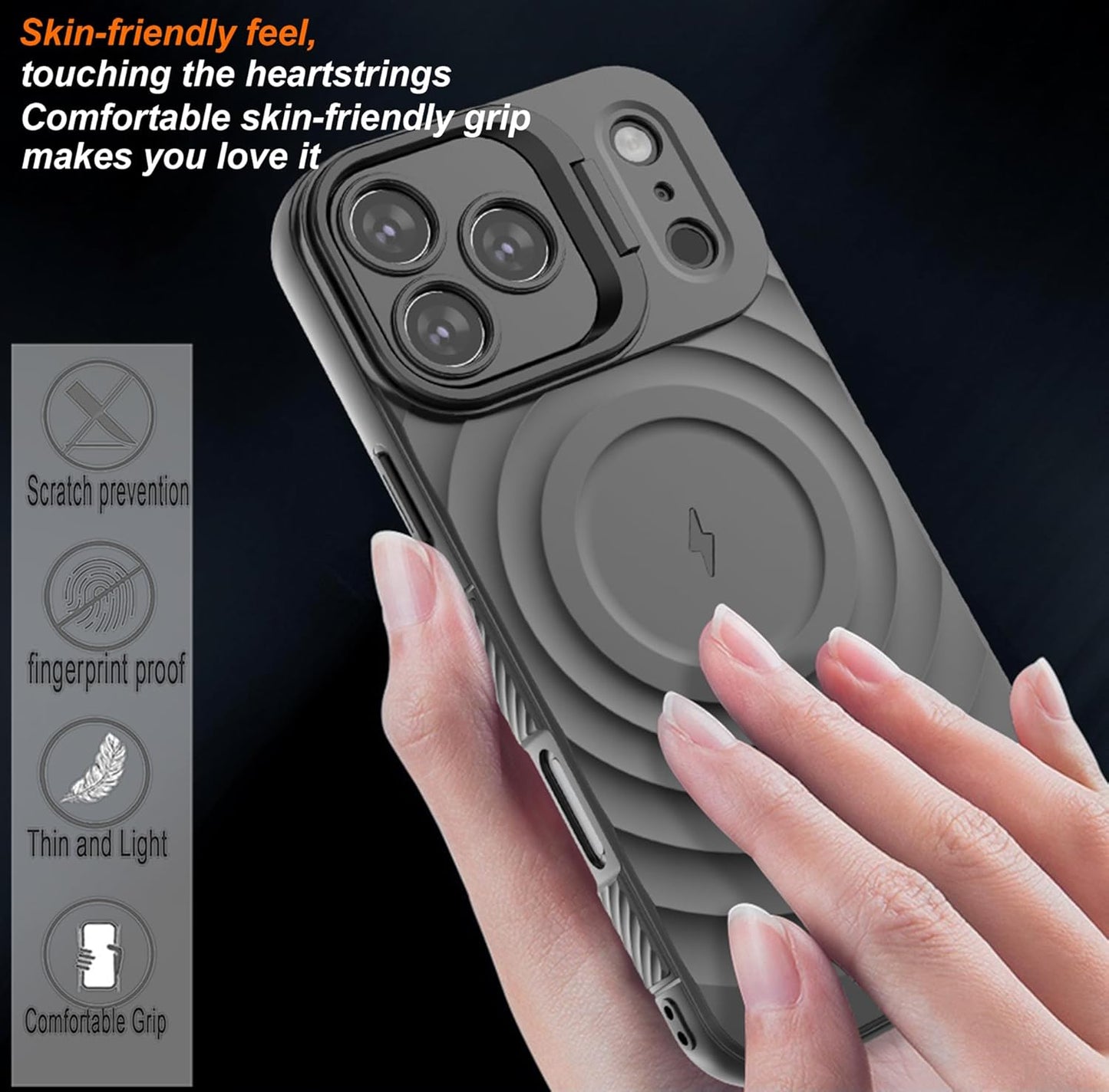 For Apple iPhone 17 Pro Max Magnetic Magsafe Case Back Camera Holder Ripple Cover (Black)