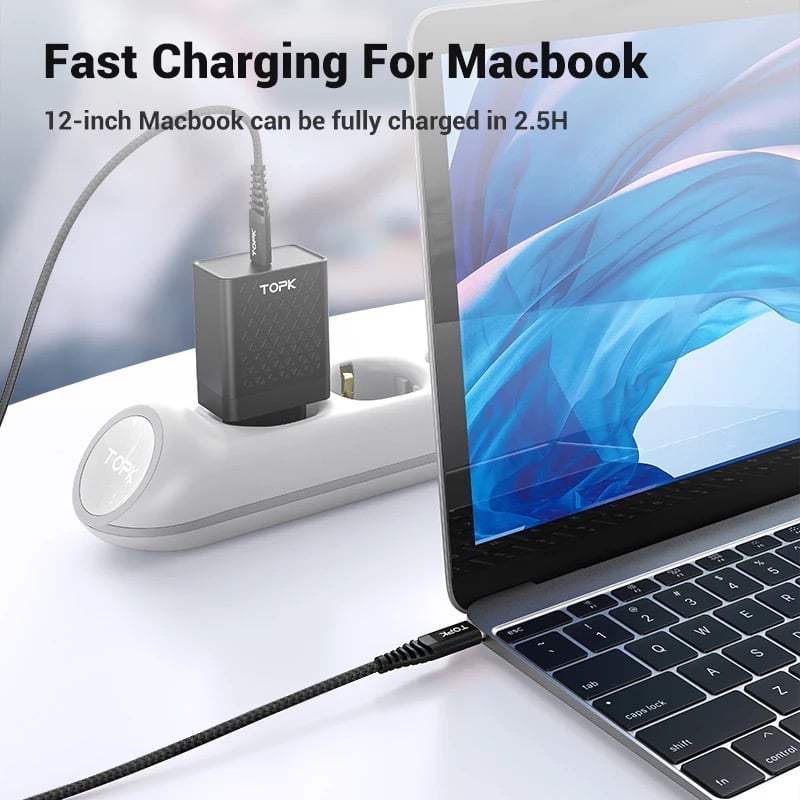 TOPK 3A Fast Charging USB Type-C to Type-C Charger Cable PD18W Gold Plate Nylon
