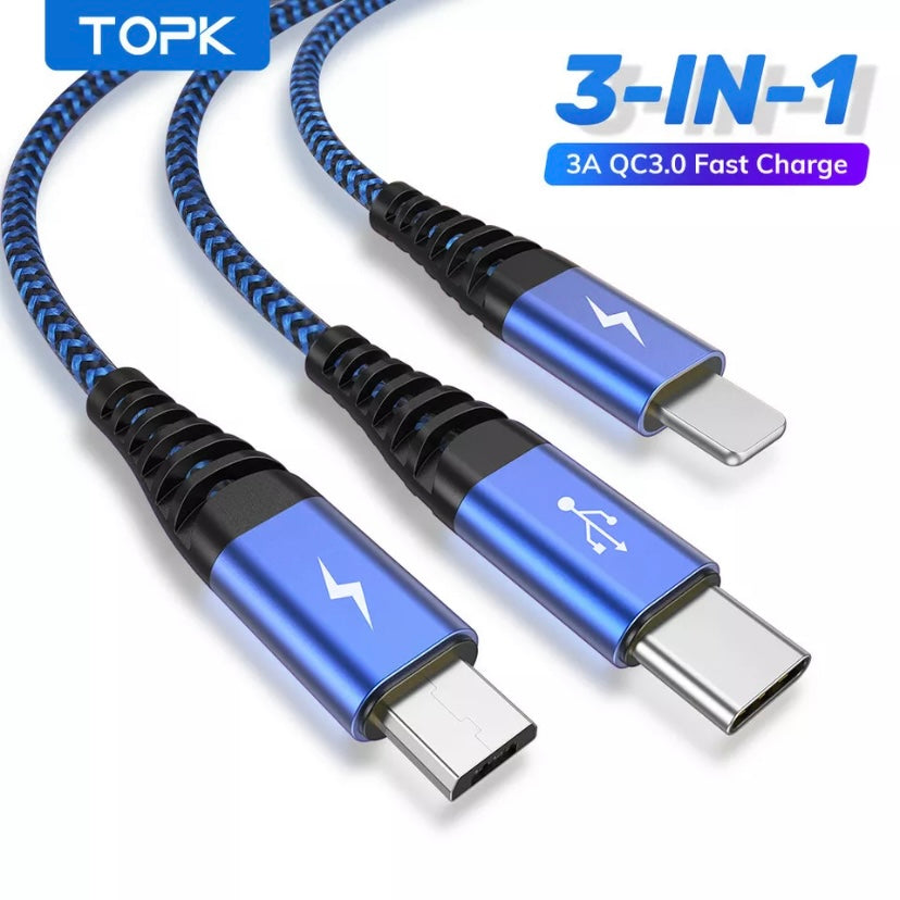 TOPK3-IN-1 3A Fast Charge USB to 8-Pin Micro USB Type C For iPhone iPad Braided