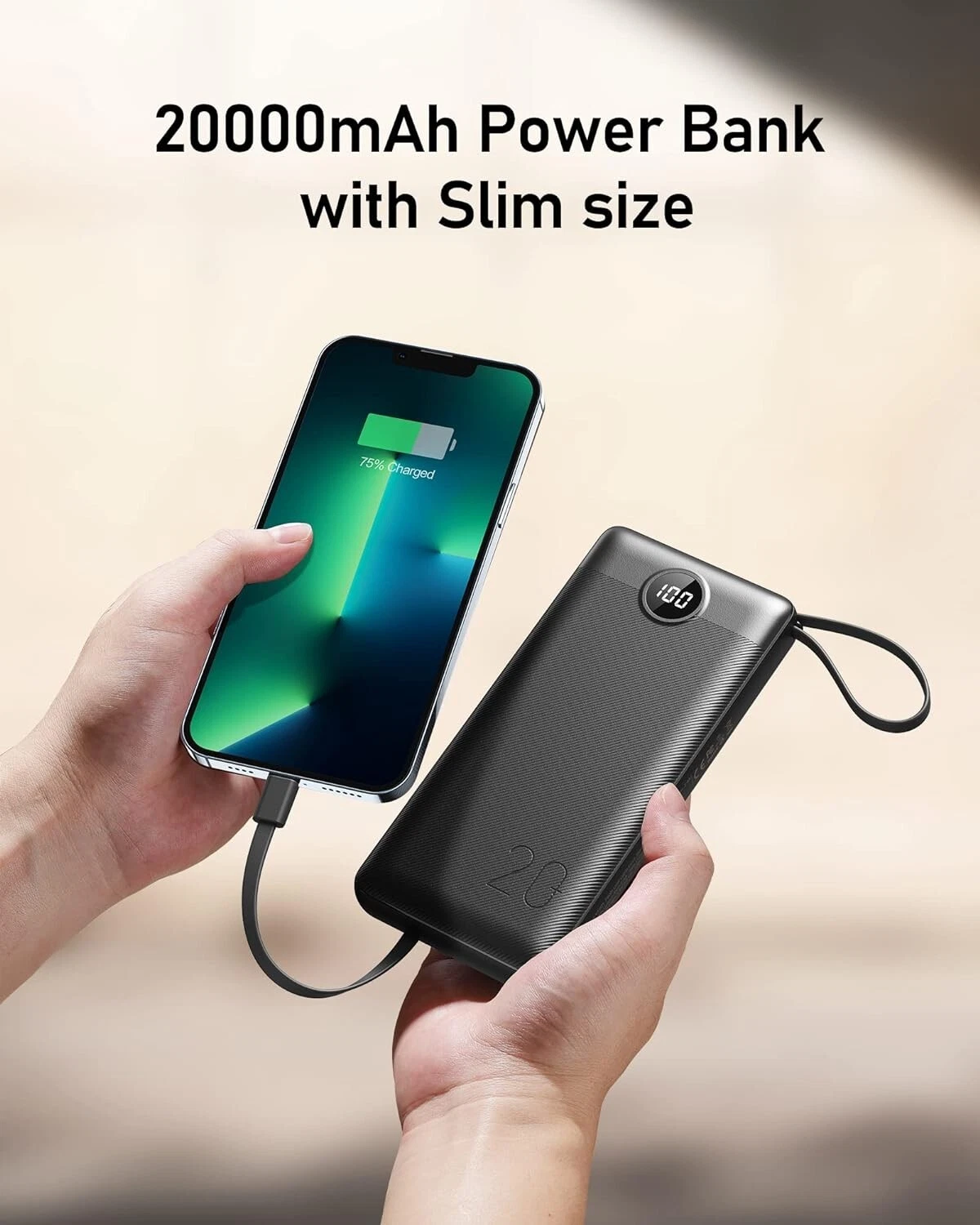 VEEKTOMX Power Bank 20,000mAh with Built-in Cables (Black)