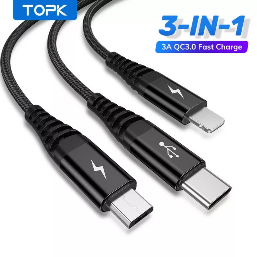 TOPK3-IN-1 3A Fast Charge USB to 8-Pin Micro USB Type C For iPhone iPad Braided